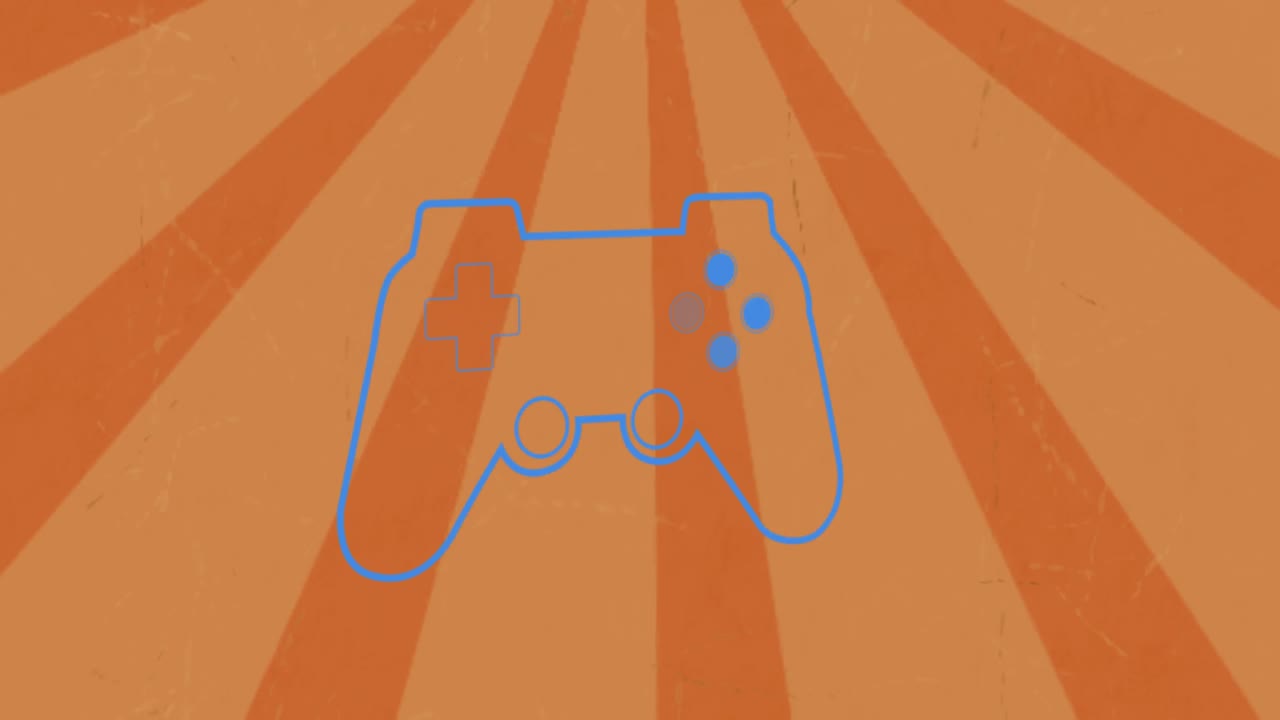 오렌지색 배경에 대한 버스트 위의 파란색 게임 콘솔의 애니메이션