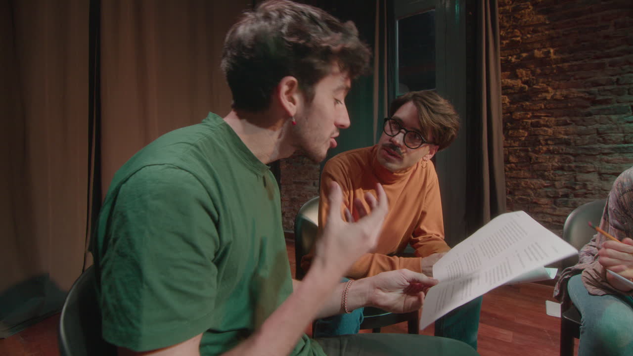 Drama Actors Performing Emotionally Expressive Dialogue on Rehearsal