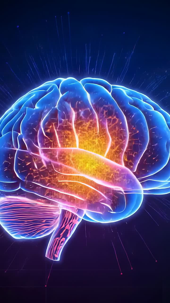 Vertical video: Appearing neon-blue 3D brain rotating on grid floor, with orange neural sparks