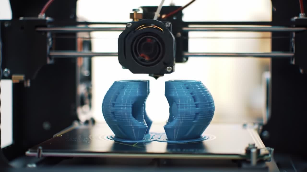 In a well-equipped workshop, a 3D printer meticulously constructs blue vases layer by layer. The intricate designs showcase creativity and technology working in harmony, captivating onlookers.
