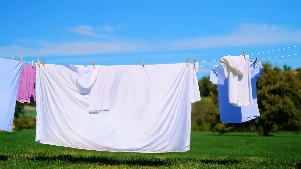 White Sheets Fluttering On Clothesline Under Blue Sky, Sunlit Backyard Lawn, Clothespins Securing Linens,