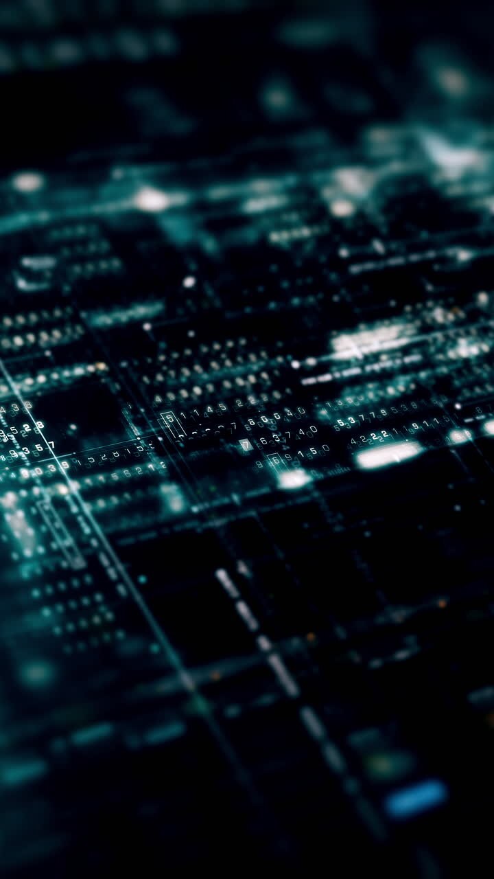 Metaverso futuristico, telemetria dati digitali hi-tech con visualizzazione di numeri crittografati, sfondo dinamico per desktop di computer, display a schermo in formato verticale