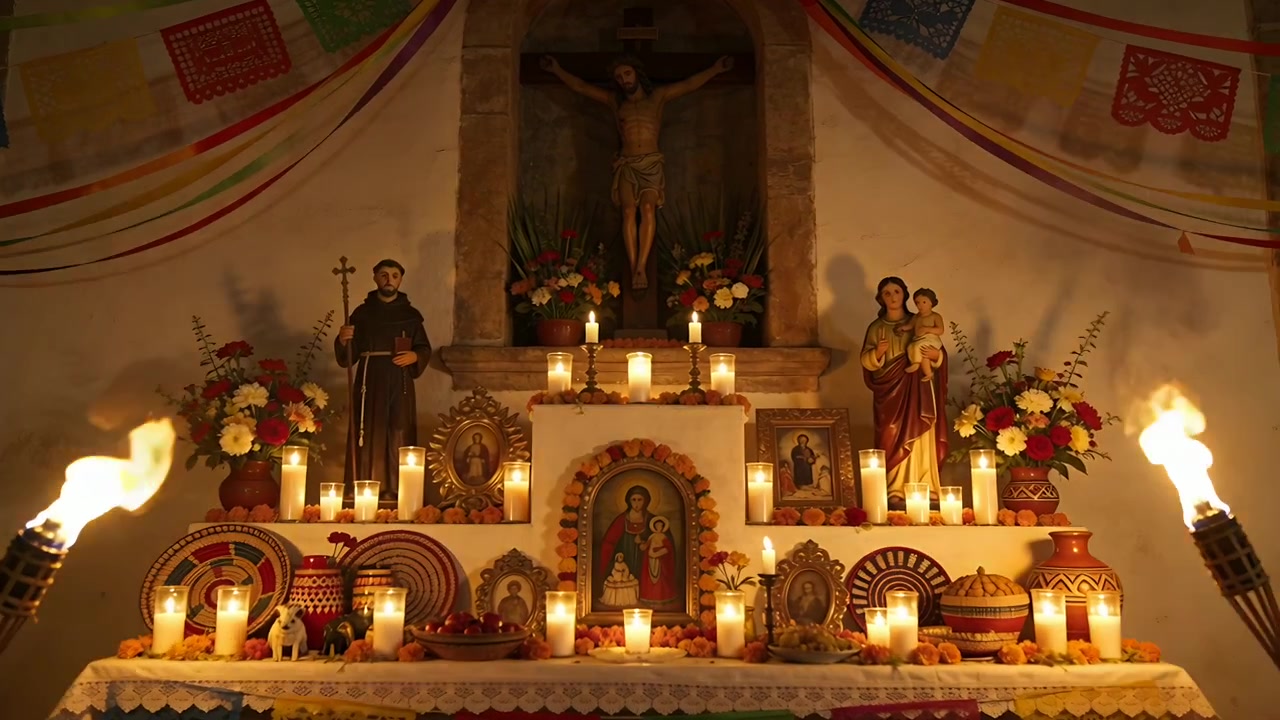 Kamera fährt zurück, um Papel Picado über einem gestuften Altar in einer Kapelle mit Kruzifix und Kerzen zu enthüllen.