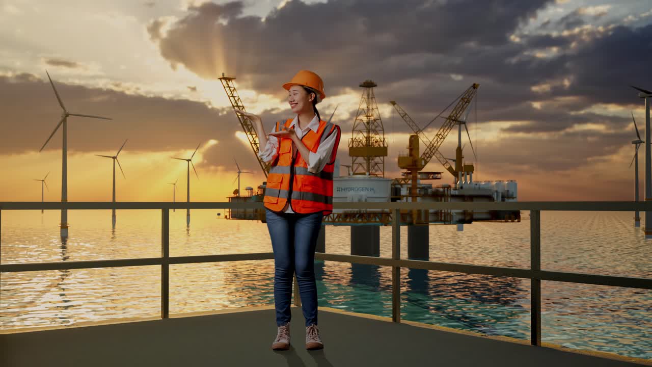 полное тело азиатской женщины-инженера с защитным шлемом улыбается и указывает в сторону, стоя с производством водорода