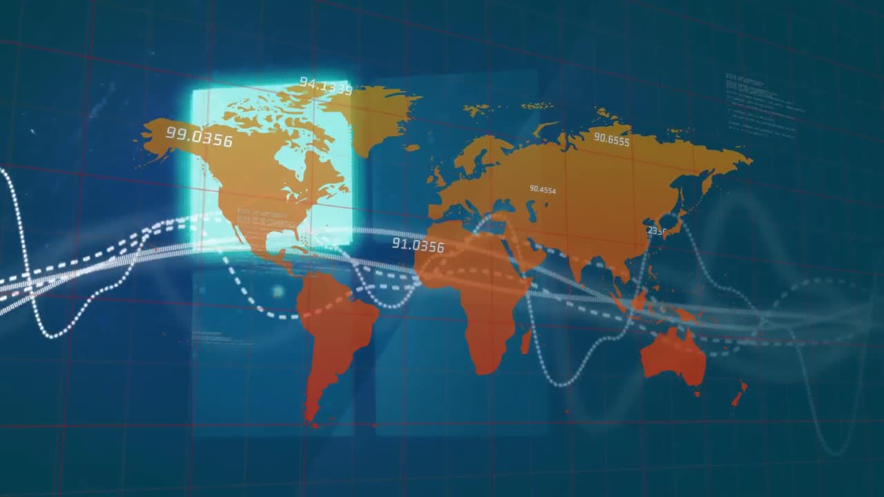 animación del procesamiento de datos sobre el mapa del mundo y formas cuadradas de neón contra fondo azul