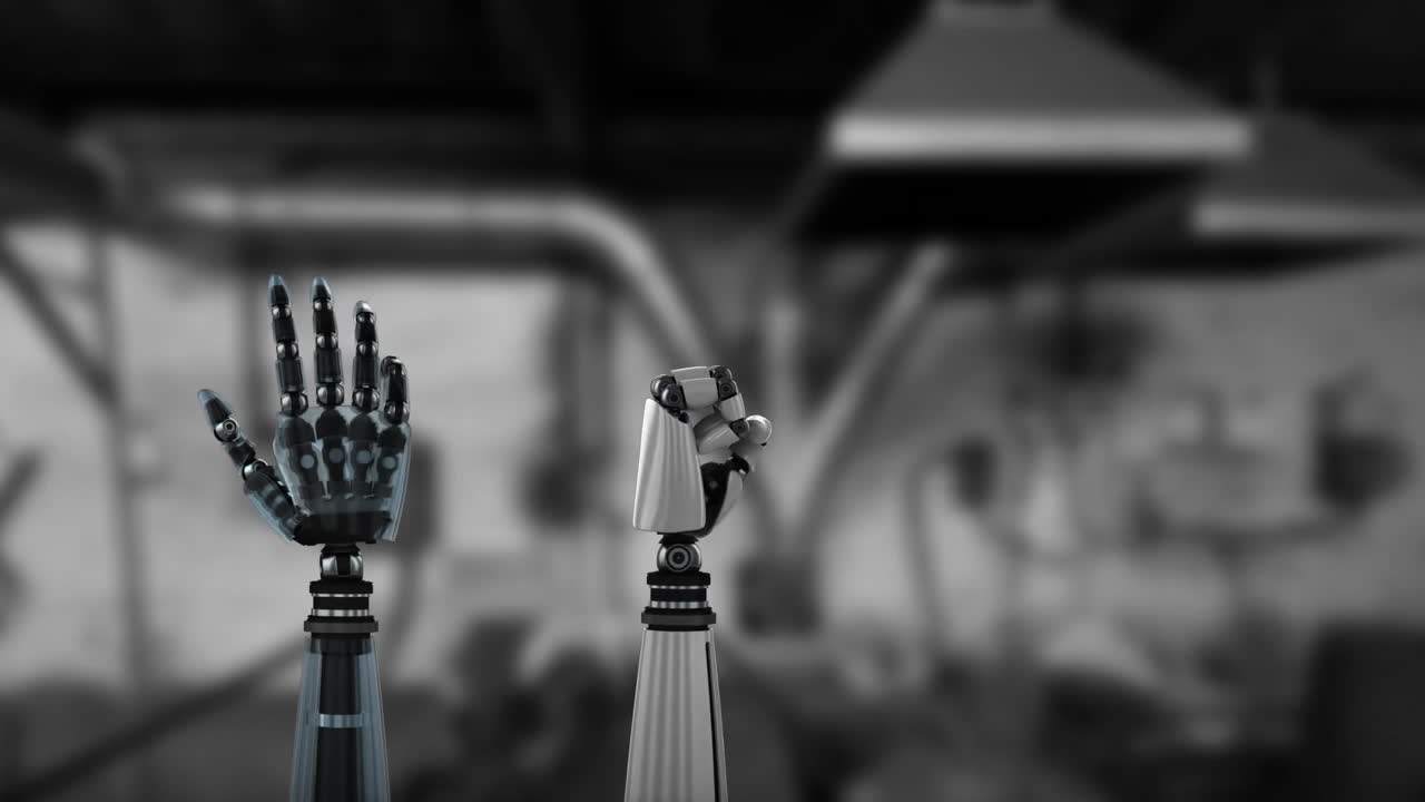 mani di robot e sfocato sfondo industriale