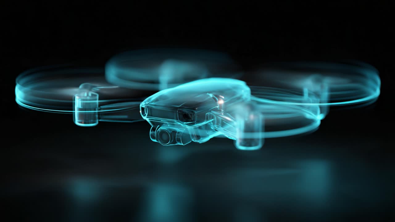 Digital representation of a futuristic quadcopter drone flying against a black background. Transparent x ray view showing the internal structure, representing modern unmanned aerial technology