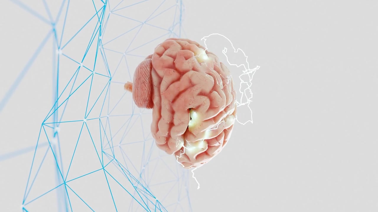 Human brain model with lightning effect above abstract blue polygonal grid on a white background. Concept of neuroscience, artificial intelligence, and innovation vertical