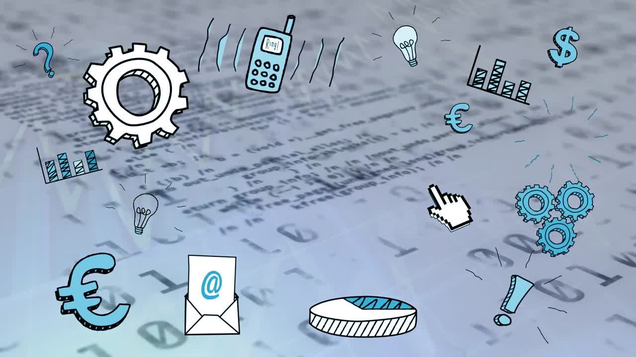 밤에 도시 위에서 바이너리 데이터 처리를 통해 비즈니스 아이콘의 애니메이션