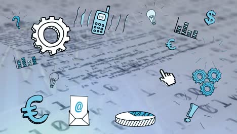 Animation of business icons over binary data processing over city at night