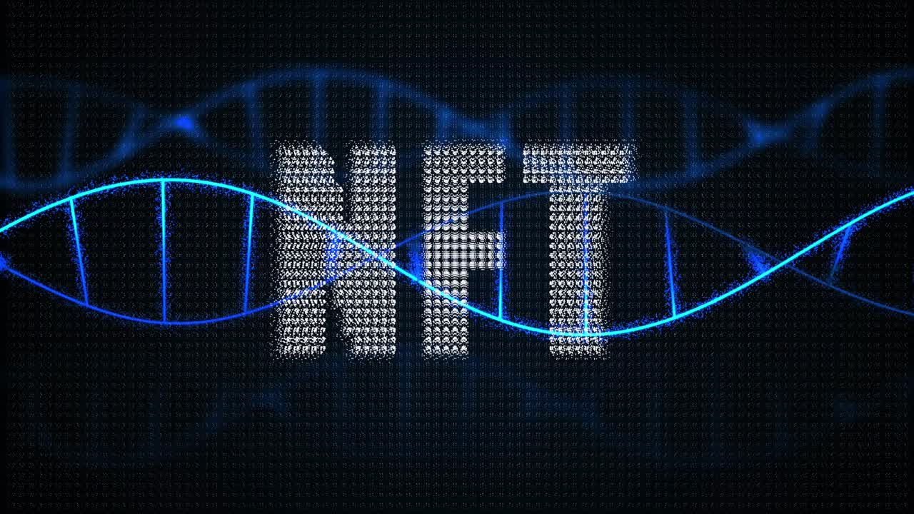 animación de cadenas de adn sobre texto de nft