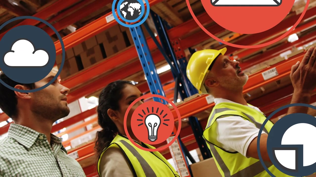 Animation of tech icons floating over diverse female and male warehouse workers