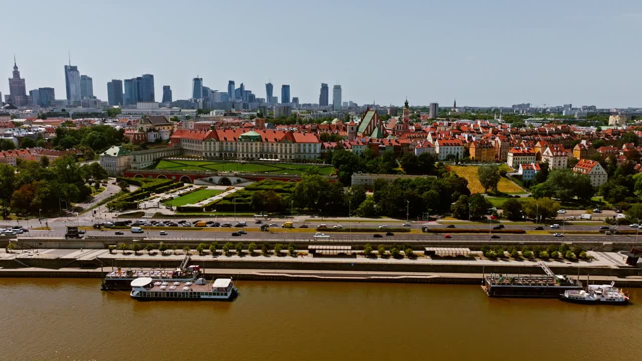 Panoramic aerial of Warsaw showing Vistula river, Royal Castle, Old Town skyline