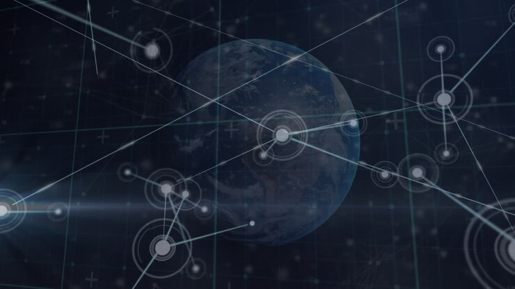 Animation of network of connections with spots over globe and grid