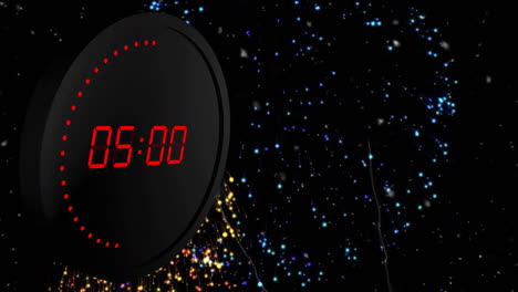 Animation-of-digital-clock-counting-down-to-midnight-with-fireworks-on-black-background