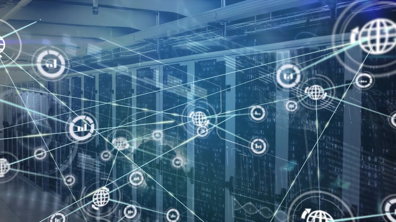 Animation of network of connections with icons and data processing over server room
