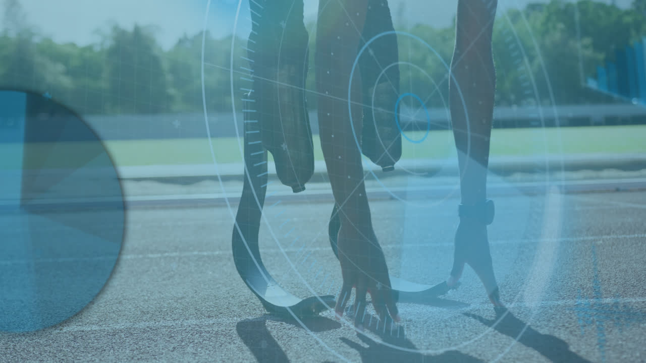 프로세싱 서클과 디지털 스크린의 애니메이션 아프리카계 미국인 남성이 달리는 칼날을 가지고 있습니다.