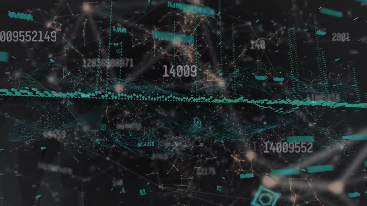 Animation of data processing with globe and network of connections over black background
