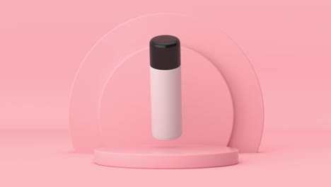 4k resolution video: white cosmetic bottle rotating over pink cylinders products stage pedestal on a pink background loop animation