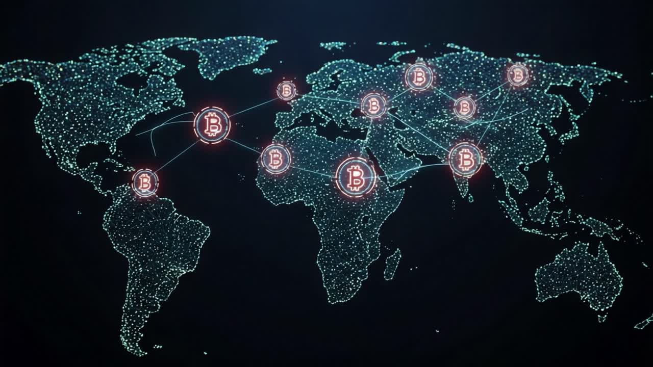 Rappresentazione visiva di una rete blockchain globale con connessioni di criptovalute in tutto il mondo che evidenzia transazioni digitali e l'integrazione di Bitcoin.