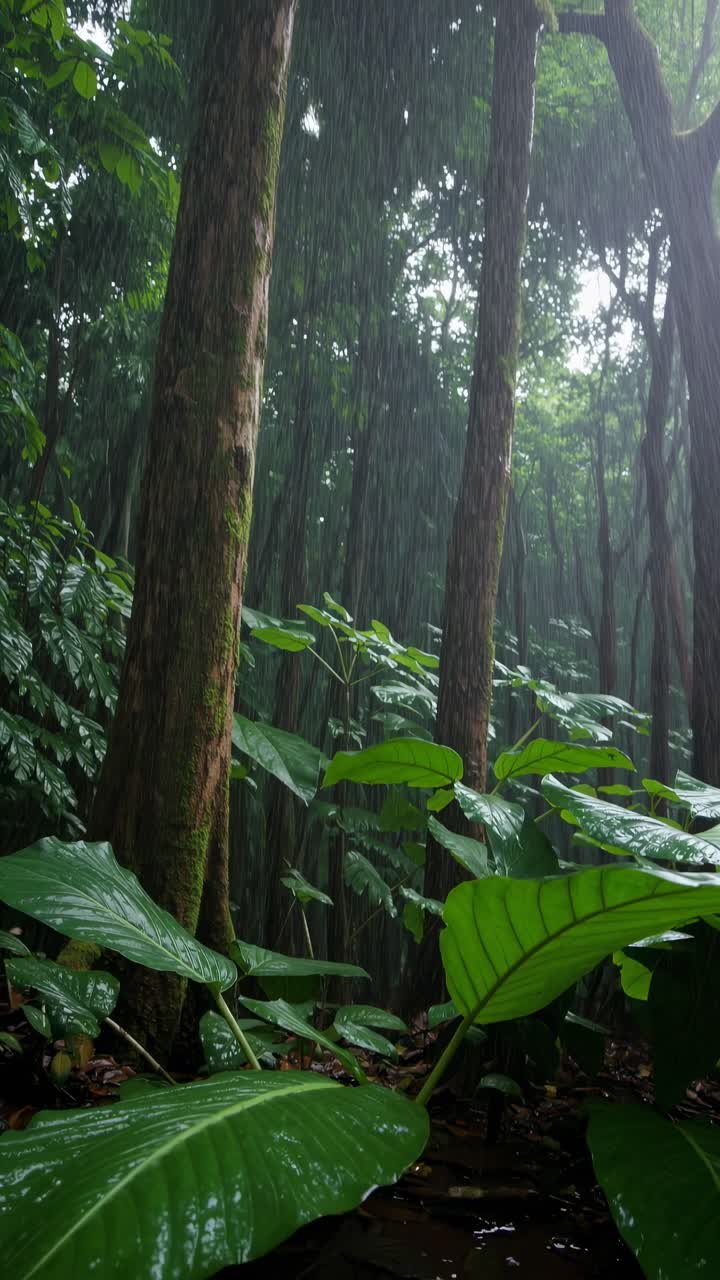 Scena rigogliosa di foresta pluviale con grandi foglie e alberi ad alto fusto, catturata da una angolazione bassa
