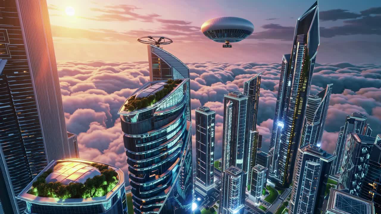 ciudad futurista por encima de las nubes al amanecer o al atardecer