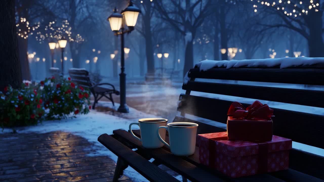 A Serene Winter Evening in a Snow-Covered Park, Featuring Two Steaming Mugs of Hot Beverage Next to a Beautifully Wrapped Gift Box Amidst Twinkling Lights and Frosty Atmosphere