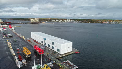 loading dock in vastervik, småland, sweden. drone view