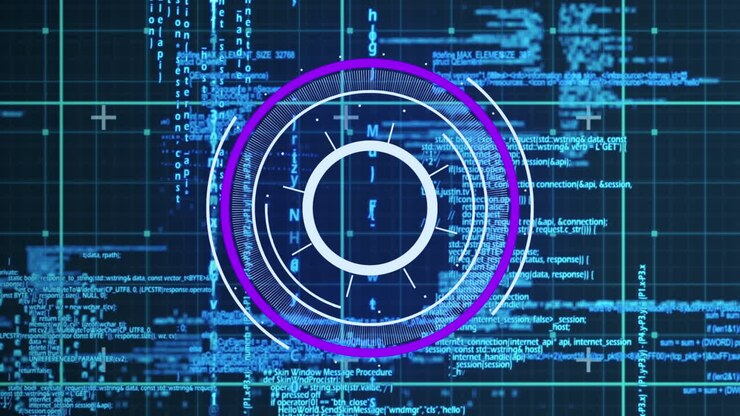 Animation of illuminated circles over computer programming language against abstract background