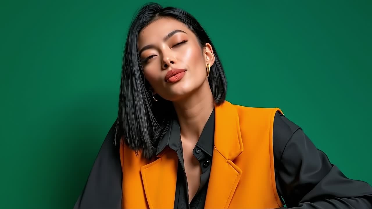 A woman in an orange vest and black shirt