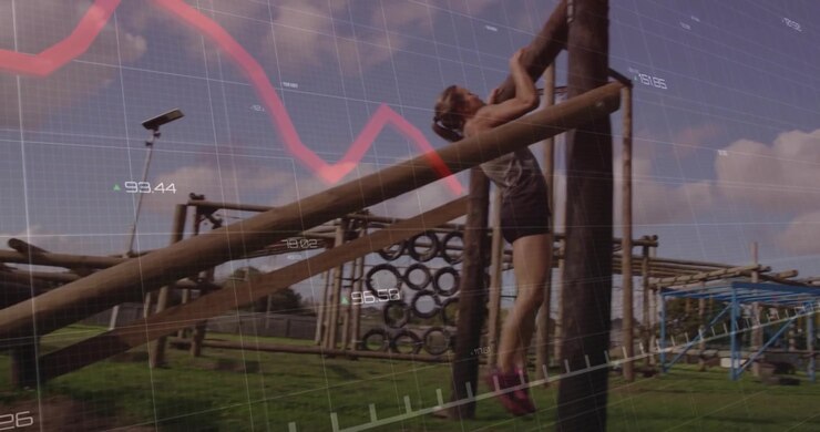 Fitness athlete lunging under beam then climbing post while tracking performance graph overlay