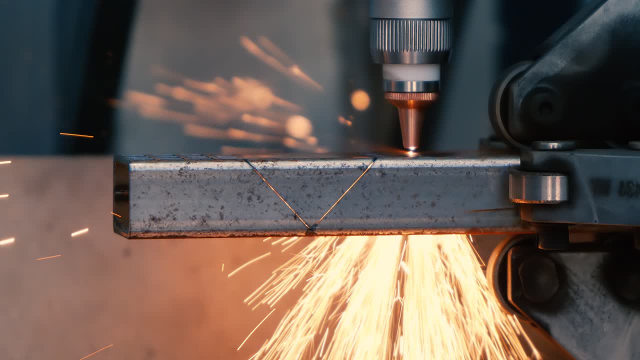 Taglio laser CNC del metallo, moderna tecnologia industriale per la realizzazione di dettagli industriali. Ripresa con telecamera super slow motion a 1000 fps
