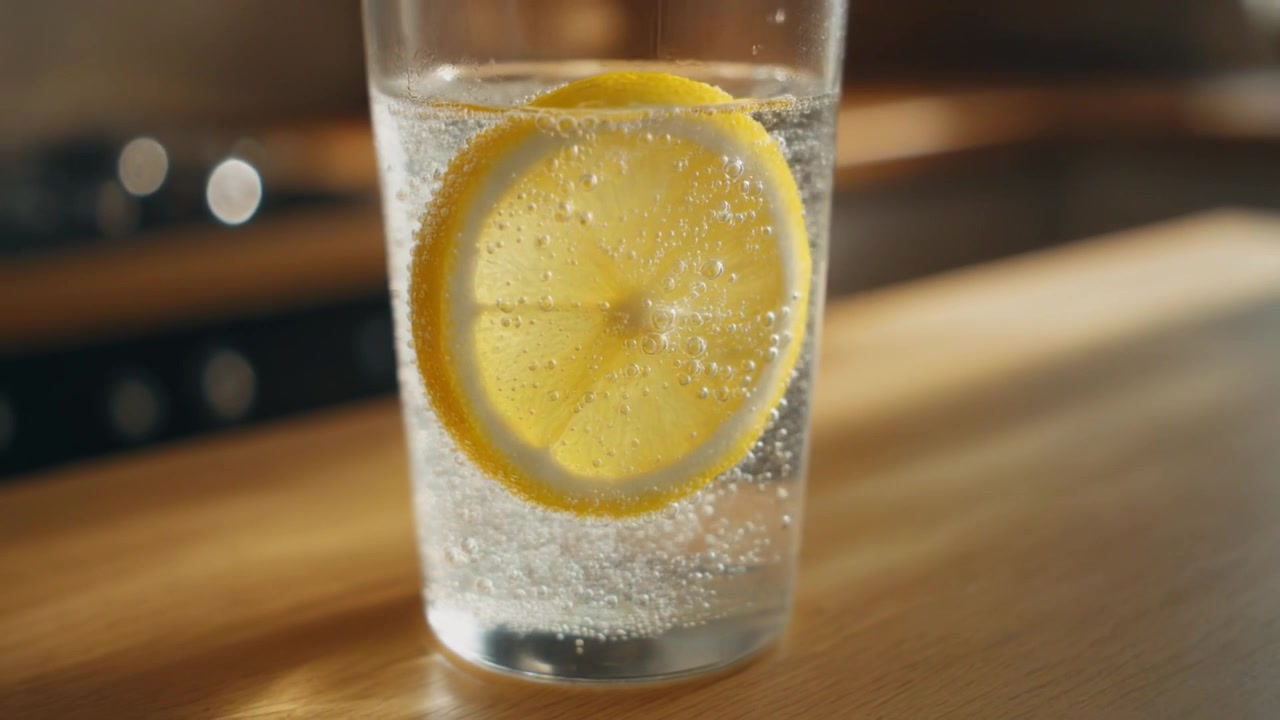 Bicchiere di acqua frizzante con una fetta di limone fresco