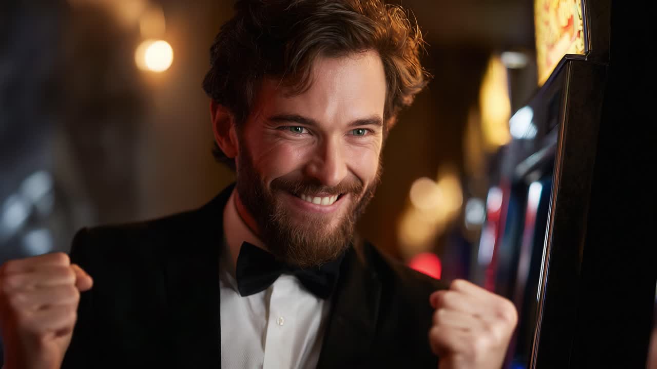 Hombre emocionado celebra un gran premio en una máquina tragaperras en un casino con expresión de alegría y vestimenta elegante, resaltando la emoción del juego y el éxito