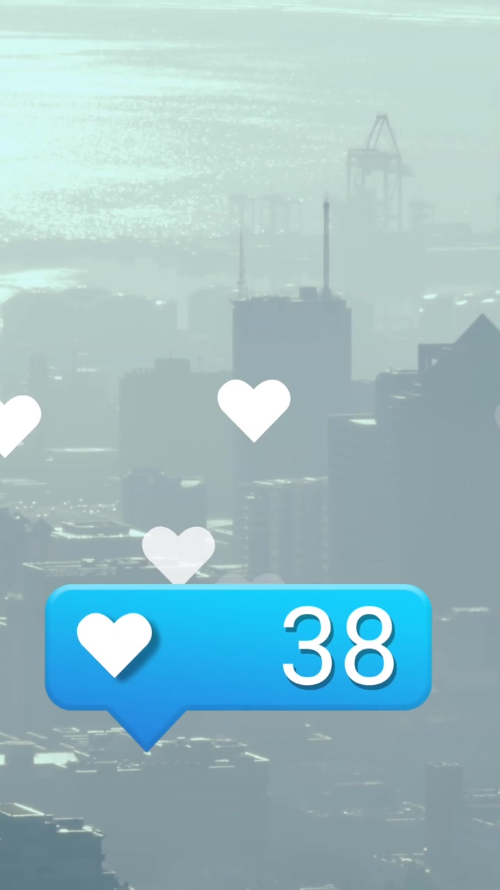 Animation of heart icon with increasing numbers aerial view of cityscape