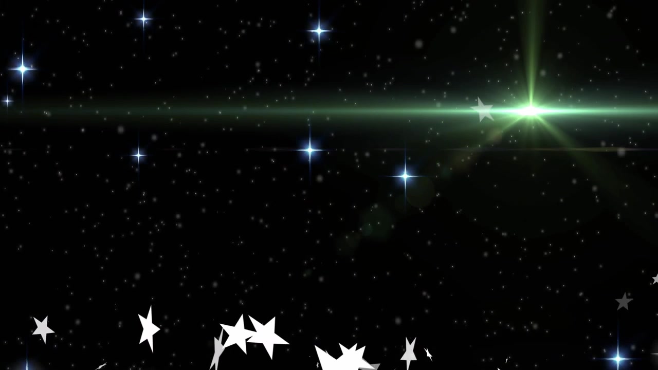 Recortes de estrellas blancas moviéndose a través de un campo negro mientras un destello verde pulsa, realzando estrellas para el diseño