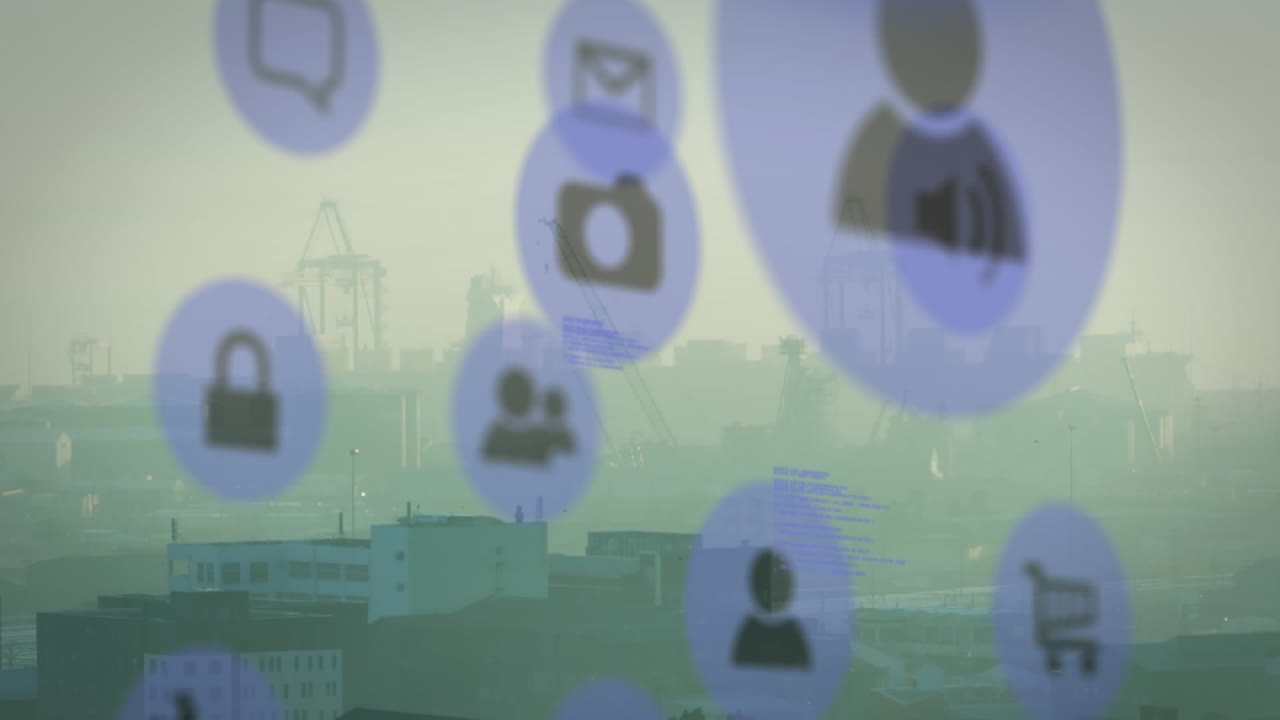 여러 디지털 아이콘의 애니메이션과 도시 풍경의 공중 전망에 대한 데이터 처리