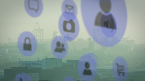 animazione di più icone digitali e elaborazione dei dati rispetto alla vista aerea del paesaggio urbano