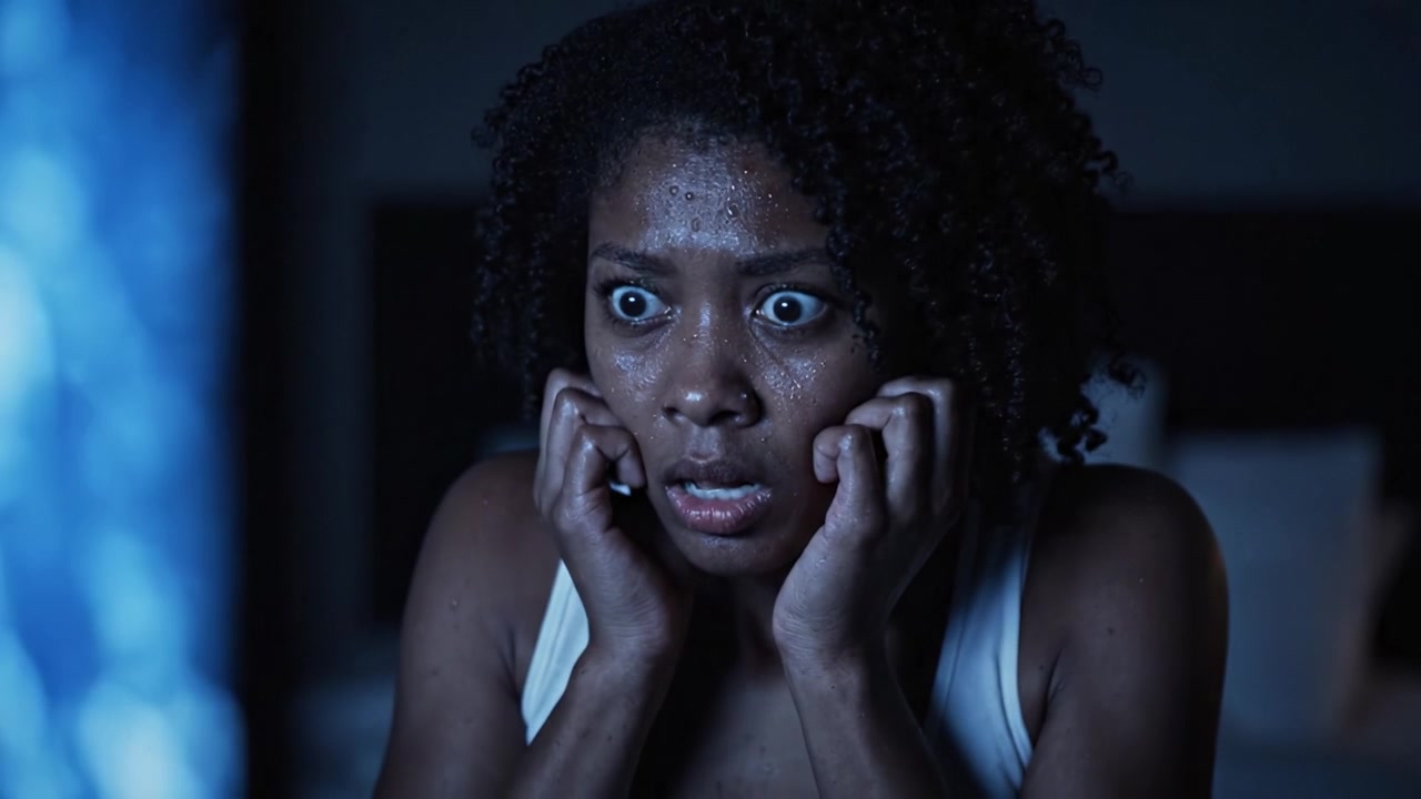Intense Emotion Captured in a Dark Setting: A Close-Up of a Distressed Person Experiencing Fear, Anxiety, and Tension in a Dramatic Scene