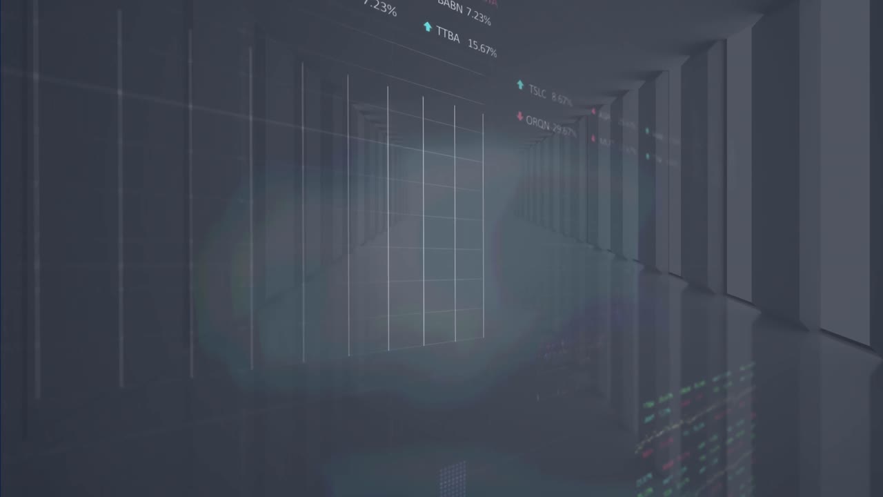 Animation of statistical and stock market data processing against computer server room