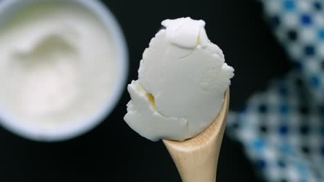 close-up of a spoonful of creamy yogurt