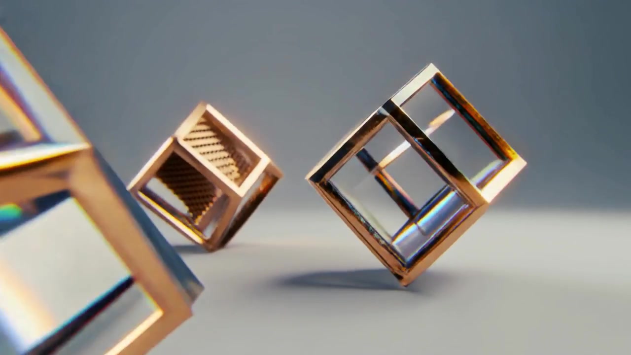 Abstrakt 3D-animation af roterende metalliske og glaskuber
