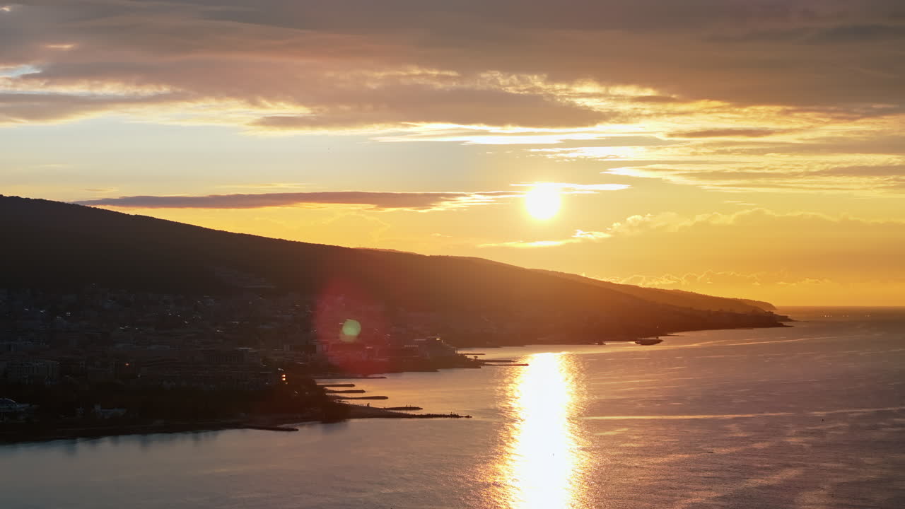 Aerial drone view of the Sunny Beach resort in Bulgaria at sunset