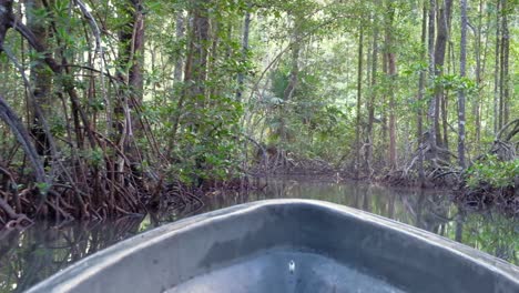 Un-Pequeño-Bote-Que-Se-Mueve-A-Través-De-Un-Estrecho-Canal-De-Manglares-Y-árboles-En-Las-Islas-Salomón