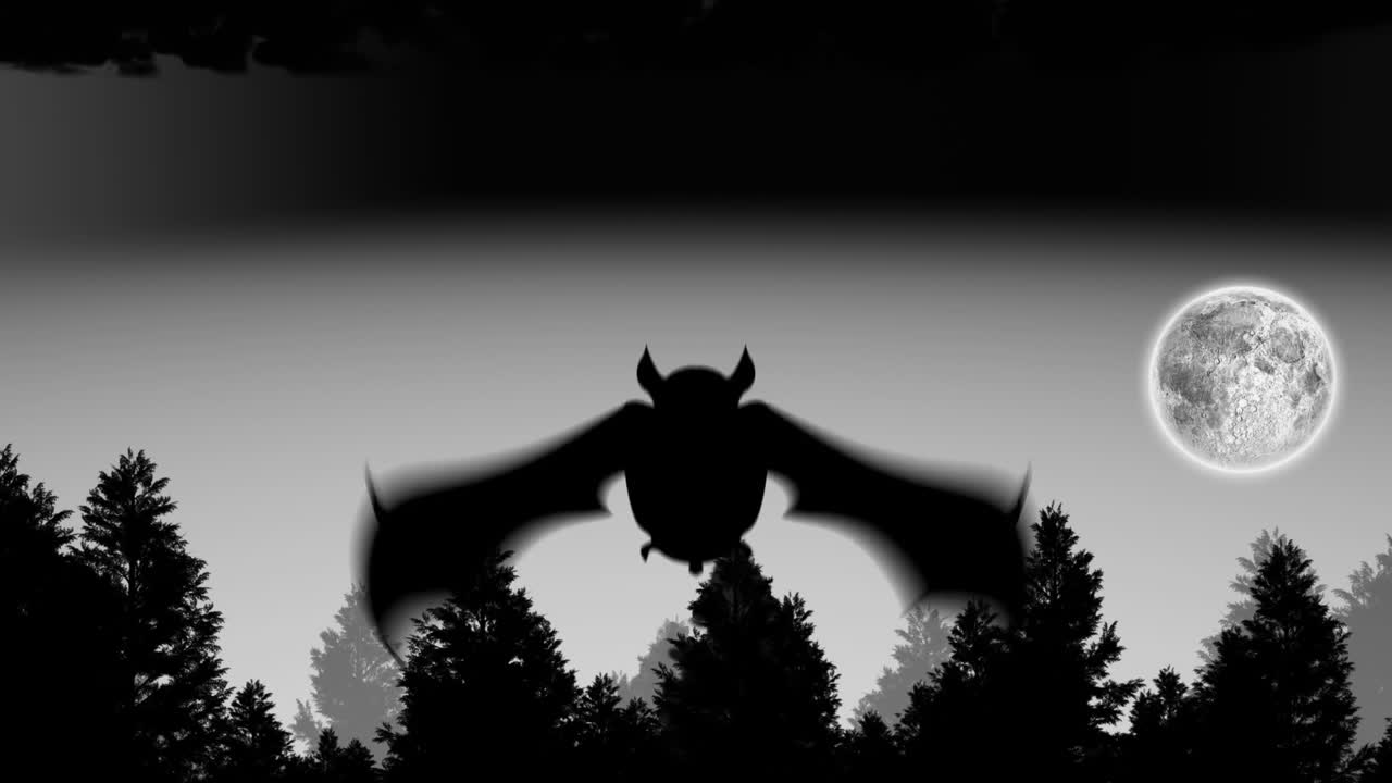 Silhouette di pipistrello in volo su foresta con luna piena sullo sfondo, animazione