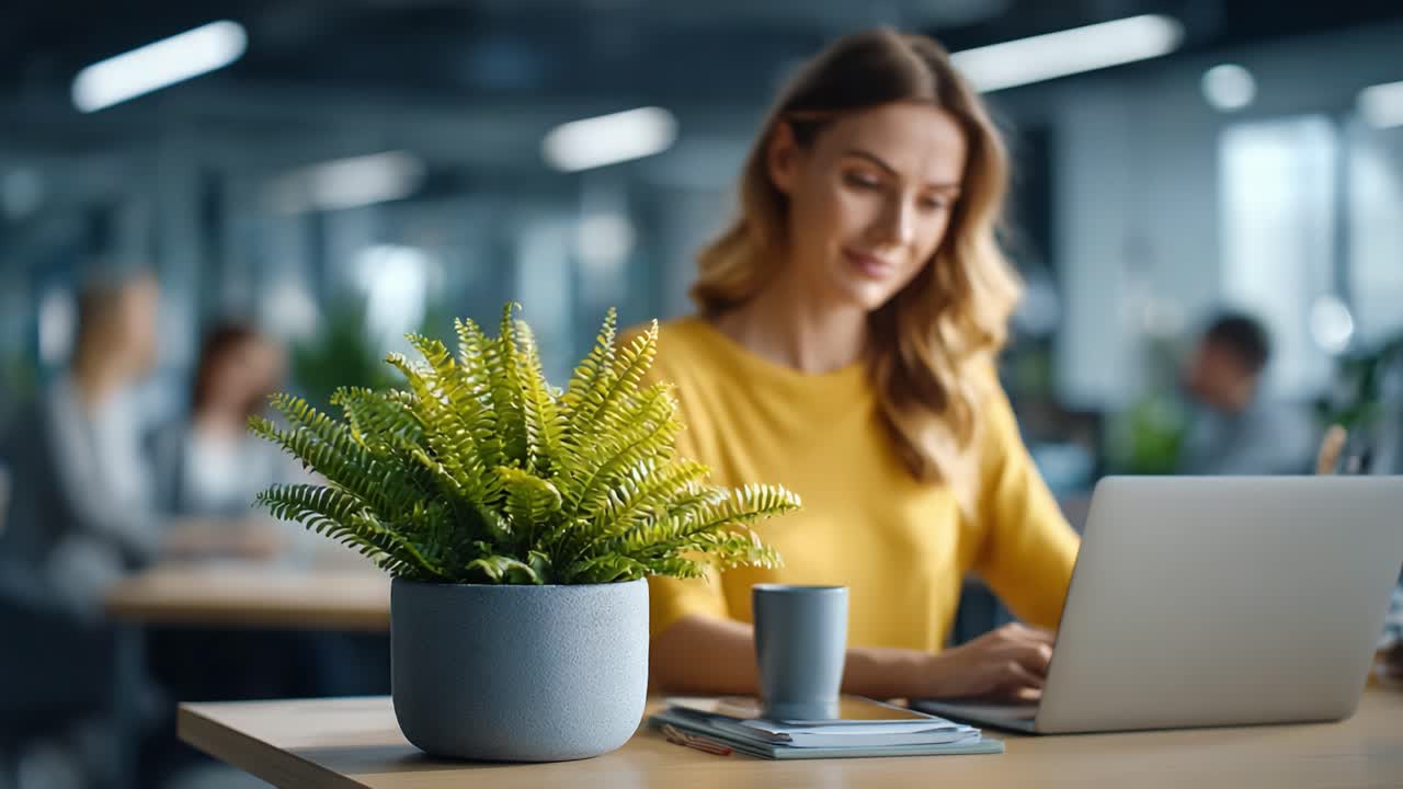Uno spazio di lavoro luminoso e invitante: una persona concentrata e impegnata in un lavoro produttivo con un laptop, circondata da una vegetazione lussureggiante in un moderno ambiente d'ufficio