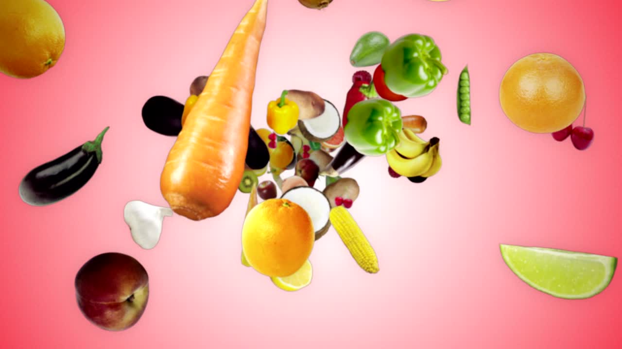 fondo de frutas y verduras que caen, con canal alfa, bucle
