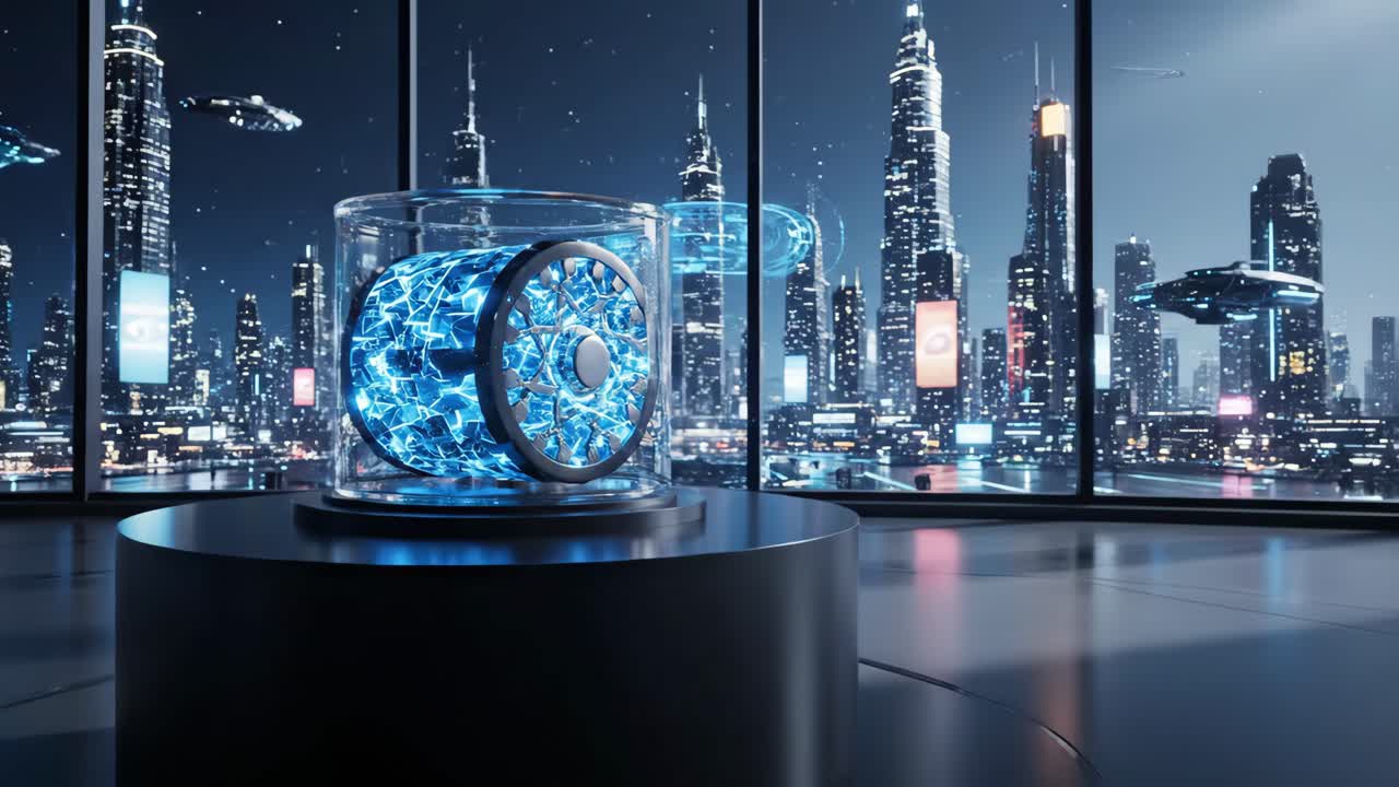 Futuristic Energy Core in Glass Container with Cityscape Background