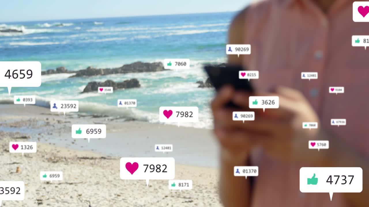 Social bubbles popping over beach, camera closing in, woman tapping phone, tracking engagement