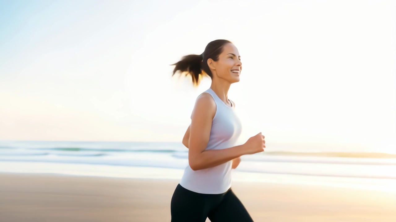 Giovane donna che fa jogging sulla spiaggia all'alba